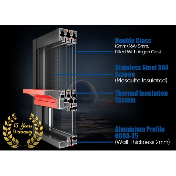 Narrow Frame  Silent Aluminium Sliding Window Thermal Insulation Hidden Tracks