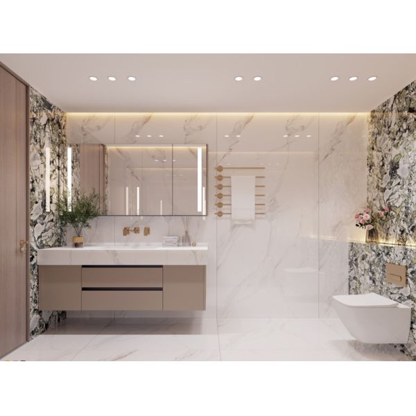 Sleek Stainless Steel Bathroom Vanity Cabinet White Quartz Top Gold Faucets And Square Mirror