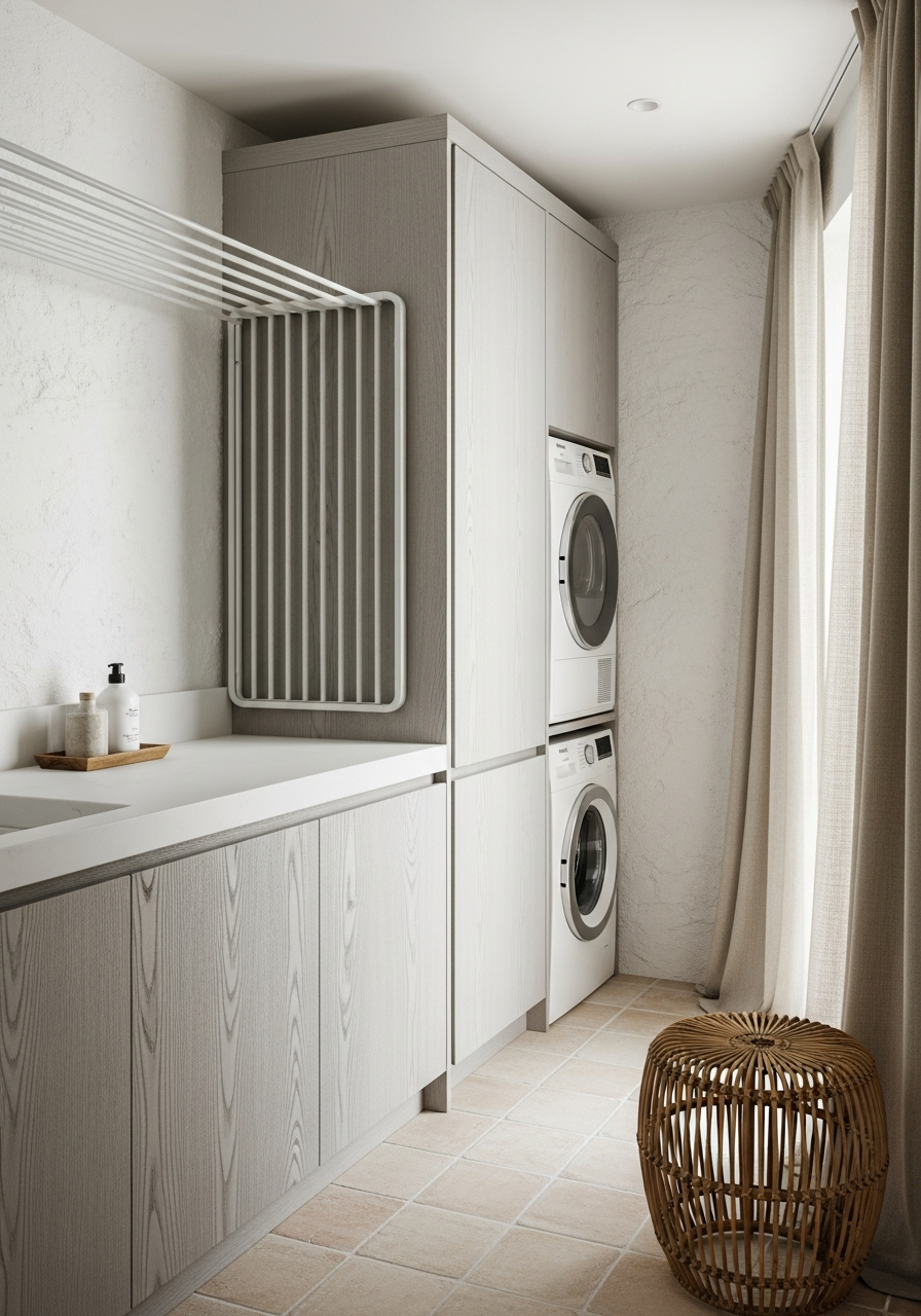 Whitewashed Ash Laundry Cabinet with Drying Rack in 304 Stainless Steel