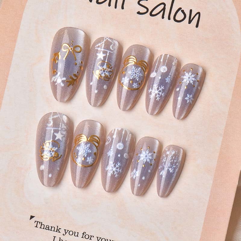 Wholesale Gold Foil Shell Holiday Press On Nails Almond Nude Luxury Wedding