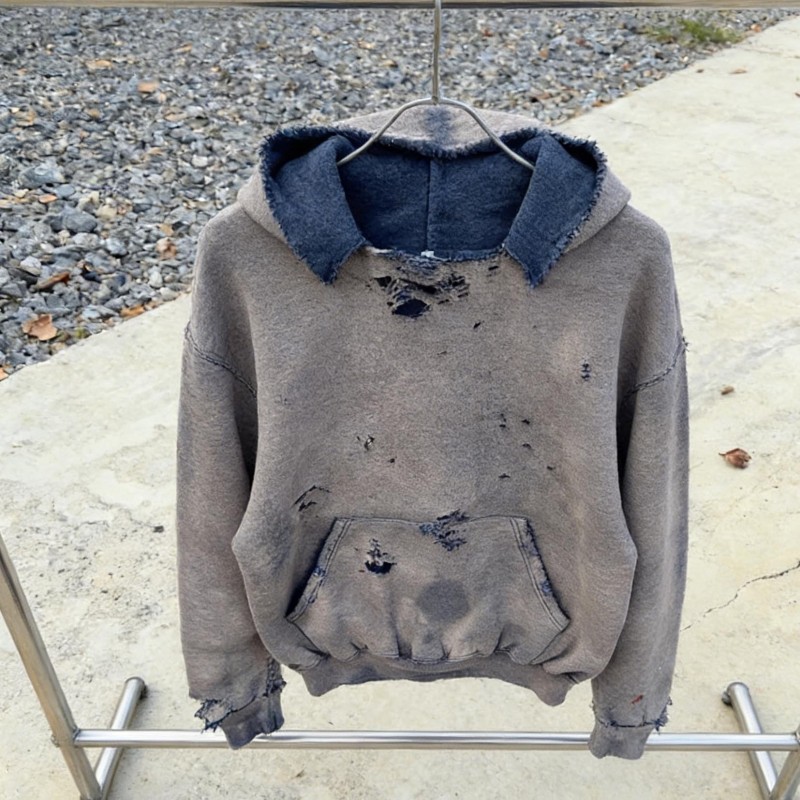 Custom French Terry 100% Cotton Oversized Vintage Acid Wash Ripped Distressed Hoodie Sun Faded Fleece Plus Size Sweatshirt Men