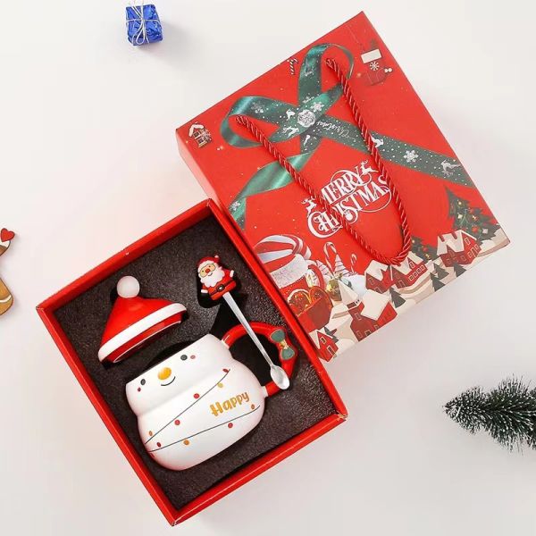 Christmas Tumbler Present WITH LID Porcelain Santa Claus Ceramic Coffee Mug Gift Set