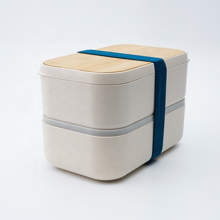 Double Layer Bamboo Fiber Lunch Box with Cutlery and Movable Divider Blue Pink