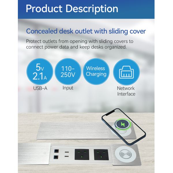 Modern Sliding Socket UK Outlets Integrated LAN HDMI Ports In Desk Power Outlet