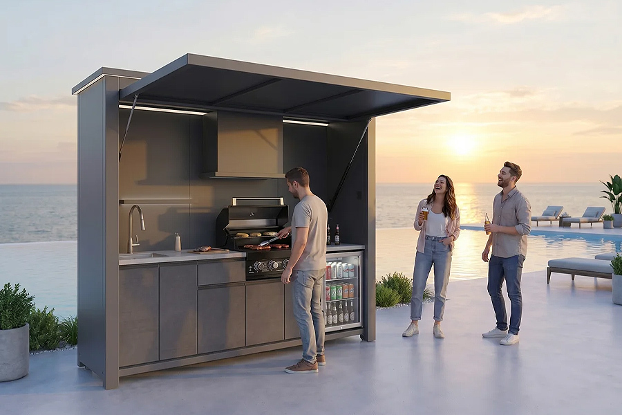 Remote Control Electric Outdoor Bbq Pavilion With Modular Aluminum Workstation