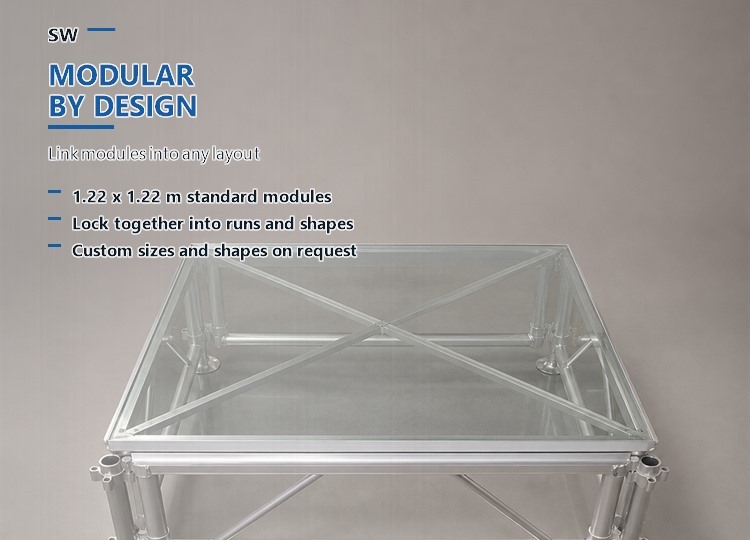 Clear Acrylic Modular Stage Platform with 1.22m Module and Aluminium Cross Frame for Events