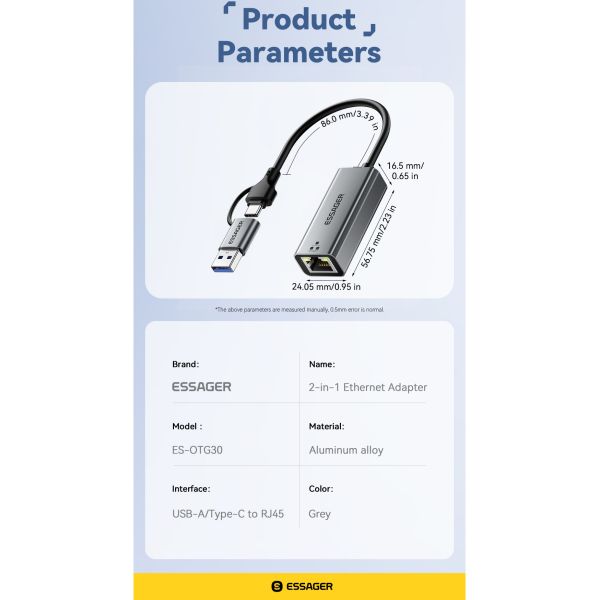 ESSAGER 2-in-1 USB Type C to RJ45 Ethernet Adapter 1000Mbps