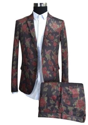 Dk Red Printed Suits For Mens Breathable Tuxedo Formal Adults Two Buttons