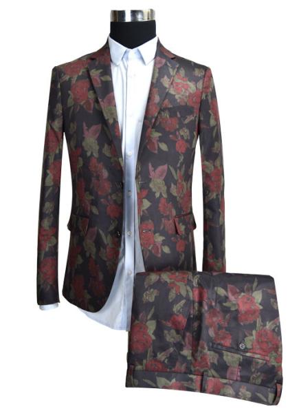 Dk Red Printed Suits For Mens Breathable Tuxedo Formal Adults Two Buttons