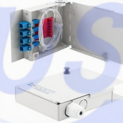 Fiber optic terminal box L-com LCFTB-104-SC wall mount with 4 simplex SC UPC couplers and cable tray