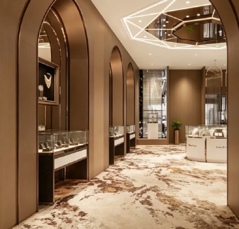 Luxury Walnut Wood White Gold LED Jewelry Store Display Set Complete Turnkey Fixture Package for Mall Central Kiosk Wall