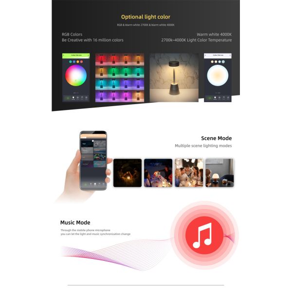 Megapower App Control Table Lamp Color Changing RGB & Dimmable Warm White Night Light for Bedrooms and Outdoor
