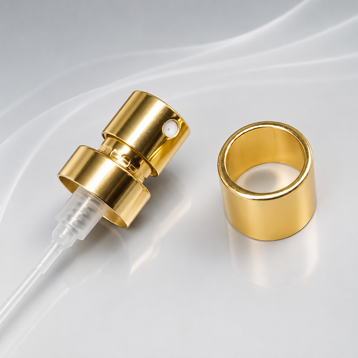 Luxury Aluminum Perfume Spray Pump with 21mm Gold Decorative Cap for Premium Fragrance Packaging