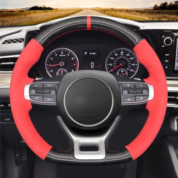 Carbon Red Suede Hand Sewing Steering Wheel Cover for Kia Sportage K5 GT Line 2021 2022 2023