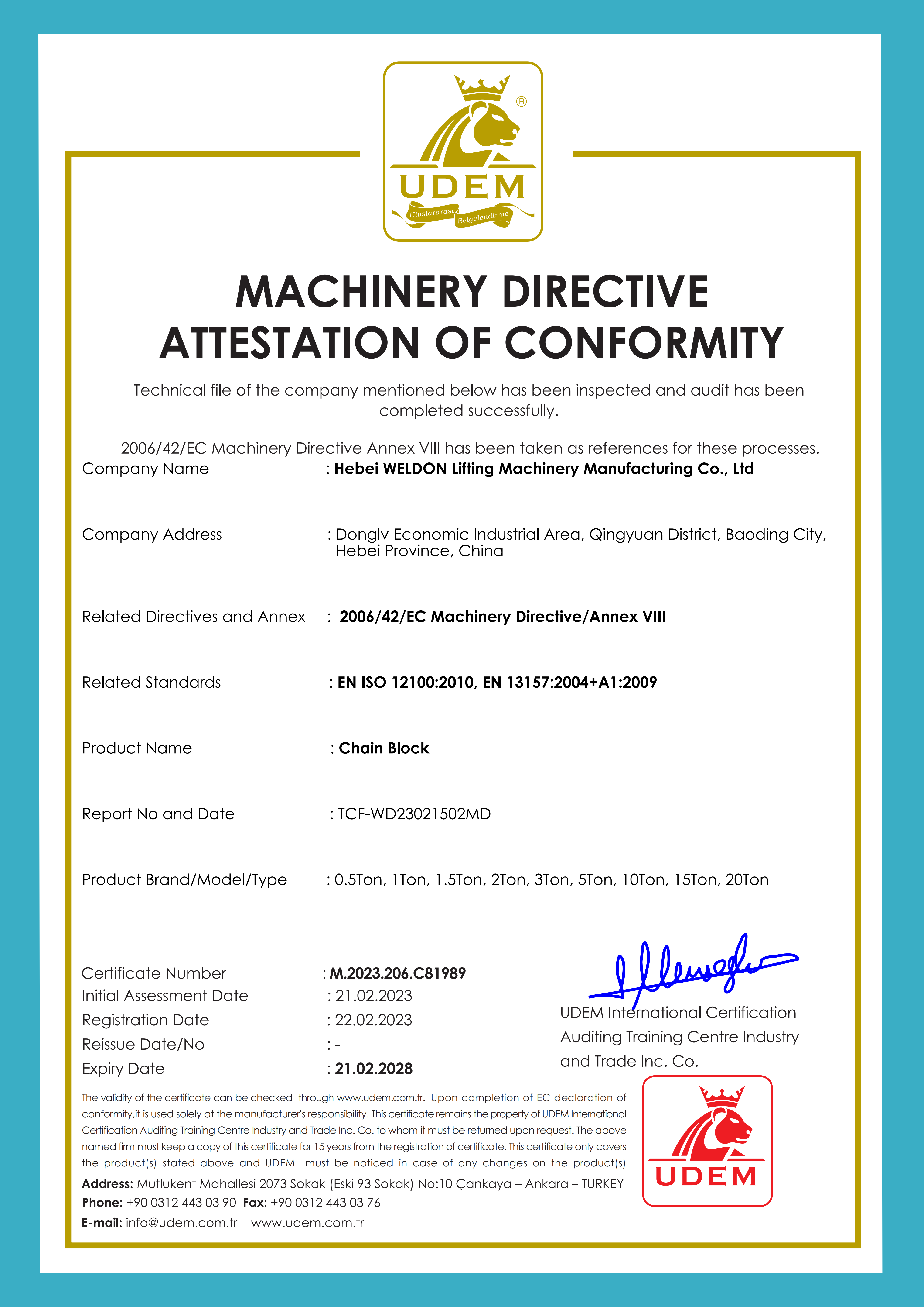 HEBEI WELDON LIFTING MACHINERY MANUFACTURING CO., LTD