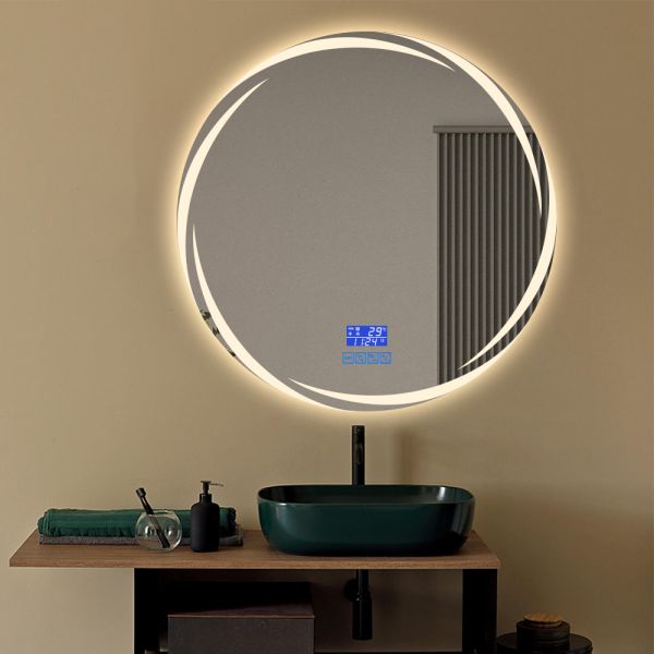 Modern Round Bathroom Mirror Anti Fog Waterproof Wall Mounted Lighted Makeup Mirror