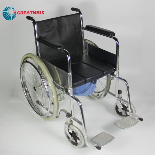 Versatile Folding Steel 2 In 1 Commode Wheelchair With PU Leather Seat