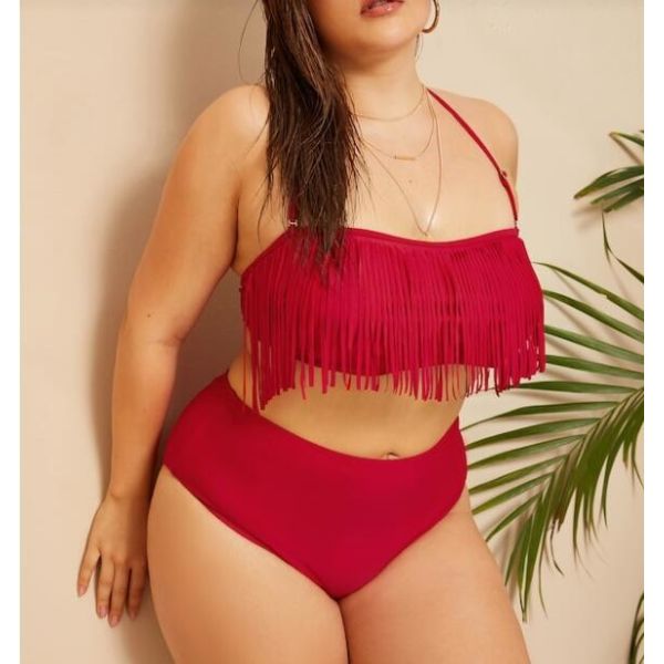 2019 New Plus Size Two piece Tassel High Waist Swimsuit Women Push up