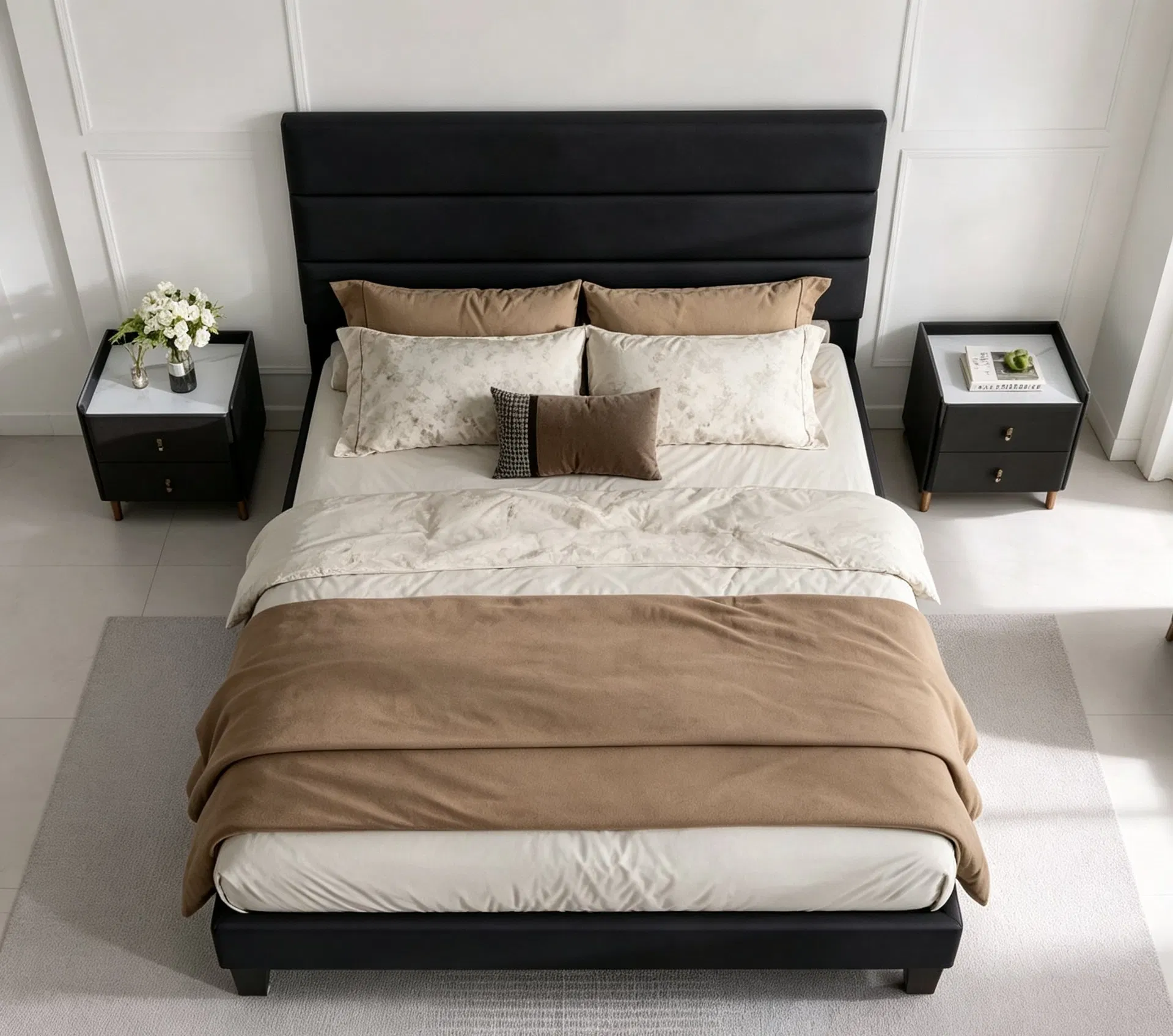 Minimalist Black Fabric Upholstered Bed with Layered Headboard