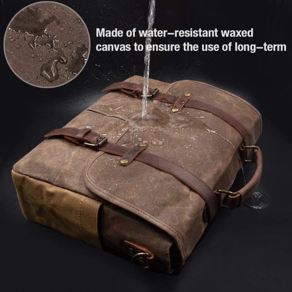 MENS MESSENGER BAG 15.6 INCH WATERPROOF VINTAGE GENUINE LEATHER WAXED CANVAS BRIEFCASE LARGE SATCHEL SHOULDER BAG
