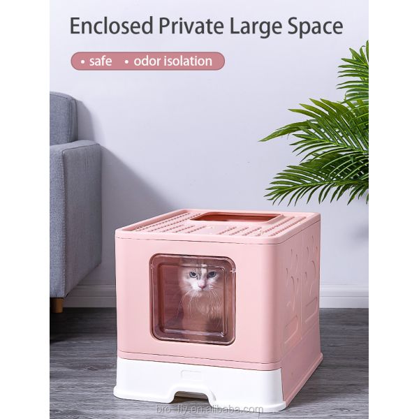 Foldable Large Cat Litter Box Plastic Rectangular Closed For Cats in Pink/Blue/Grey