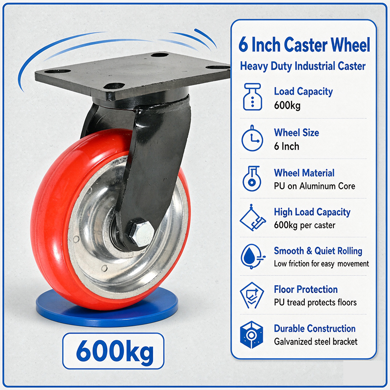 6 Inch Heavy Duty Swivel Caster Aluminum Core PU Wheel Spring Shock-Absorbing Plate  600kg Load Capacity