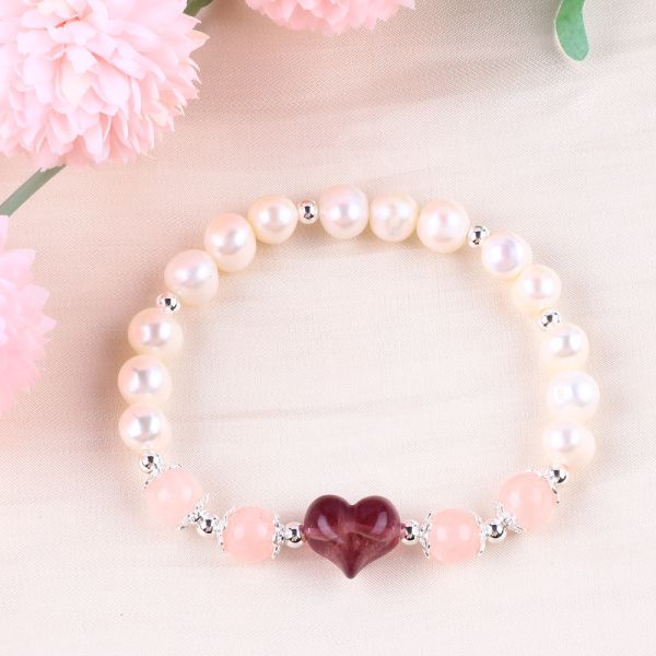 8MM Pink Freshwater Pearl Stretch Bracelet Heart Crystal Carving