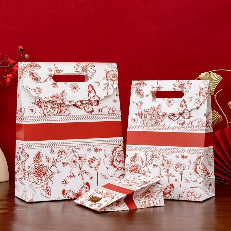 Floral Printed Paper Gift Bags with Die Cut Handle and Flap Top