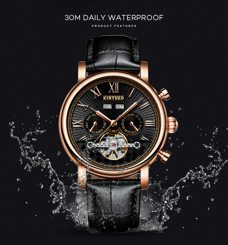 J022-2 Fashion Black Strap Silver Cover Hollow Out Case Back With Complete Calendar Mens Automatic Mechanical Watch