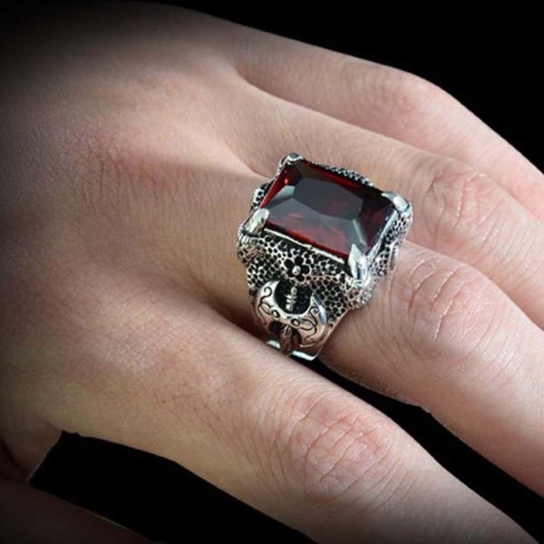 Mens Thailand Retro Dragon Sterling Silver Ring with Created Garnet(023605WRED)