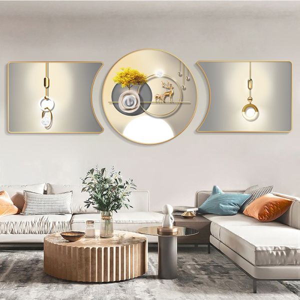 Waterproof Canvas Crystal Porcelain Painting 3 Pieces Fortune Tree Elk For Home Hotel Decor