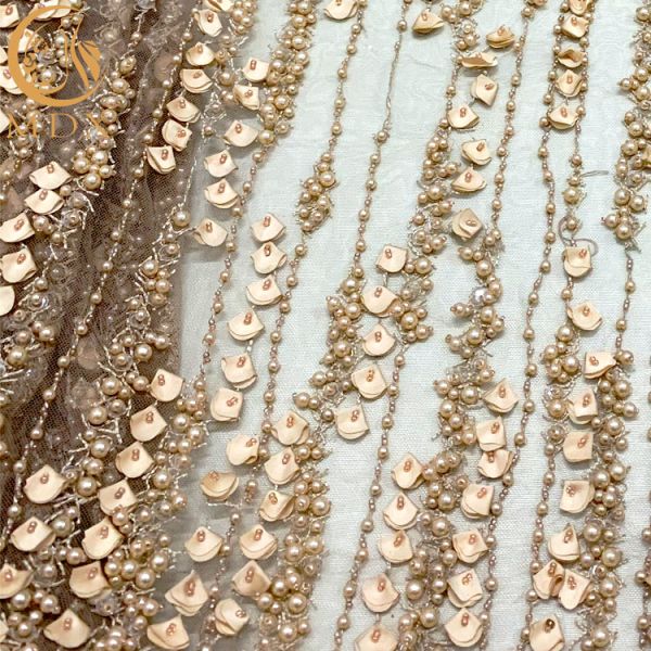 Wedding Dress 3D Flower Embroidery Lace Fabric With Heavy Beads