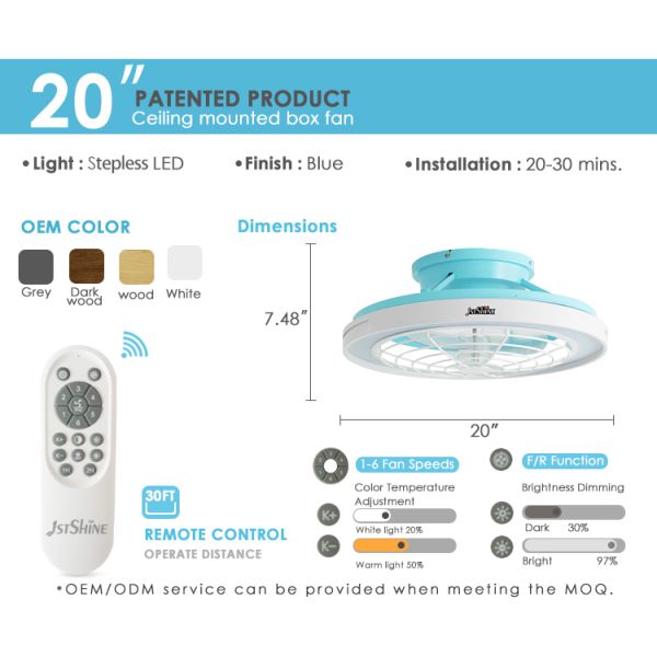 Grande fluxo de ar 20 polegadas de acabamento azul LED ventilador de teto para quarto design moderno