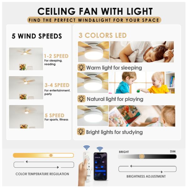2- 1stshine 42 polegadas Smart Remote LED ventilador de teto com 4 lâminas reversíveis e motor