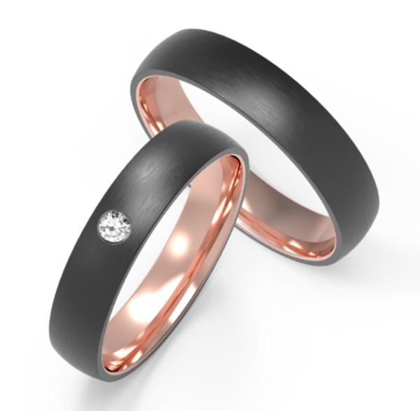 Bague de couple personnalisable avec anneau intérieur en or rose, titane noir et zircon incrusté