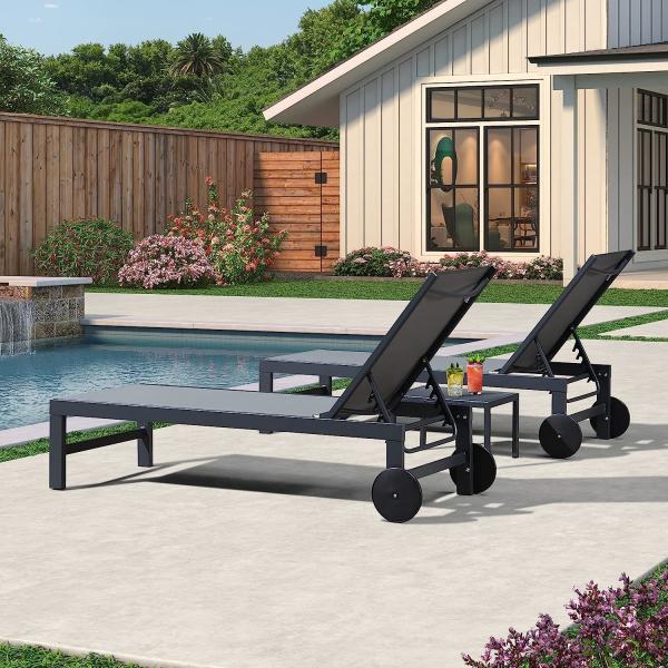 Outdoor Lounge Chair Set Aluminum Patio Chaise Lounger Side Table and Pillow Outside Pool Beach Sunbathing Tann