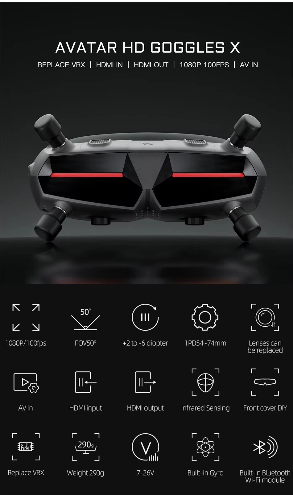 Walksnail HD X 1080P 100FPS Modulo Wi-Fi giroscópico Bluetooth incorporado Gafas de seguridad Avatar 7-26V FPV Drones Protección de seguridad de ala fija