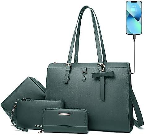 KEYLI 4PC SETS LAPTOP BAG FOR WOMEN LARGE LEATHER LAPTOP BRIEFCASE WITH USB CHARGING PORT COMPUTER SHOULDER TOTE BAGS PU
