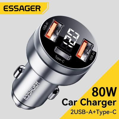 Essager 2022  Fenglang Aluminum alloy digital display car charger 80W 3 in 1 Car Charging 2 USB A Type C Fast Car Charger