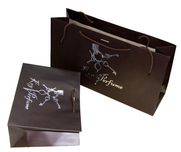 Stamped Logo Brown Matte Coated Paper Carrier Bag Silvery Embossed Logo Twist Rope Handle 210g