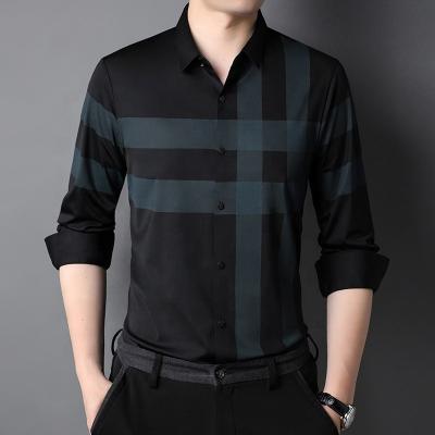 Striped Polyester/Cotton Casual Black Shirt for Men Slim Fit Long Sleeve Shirts