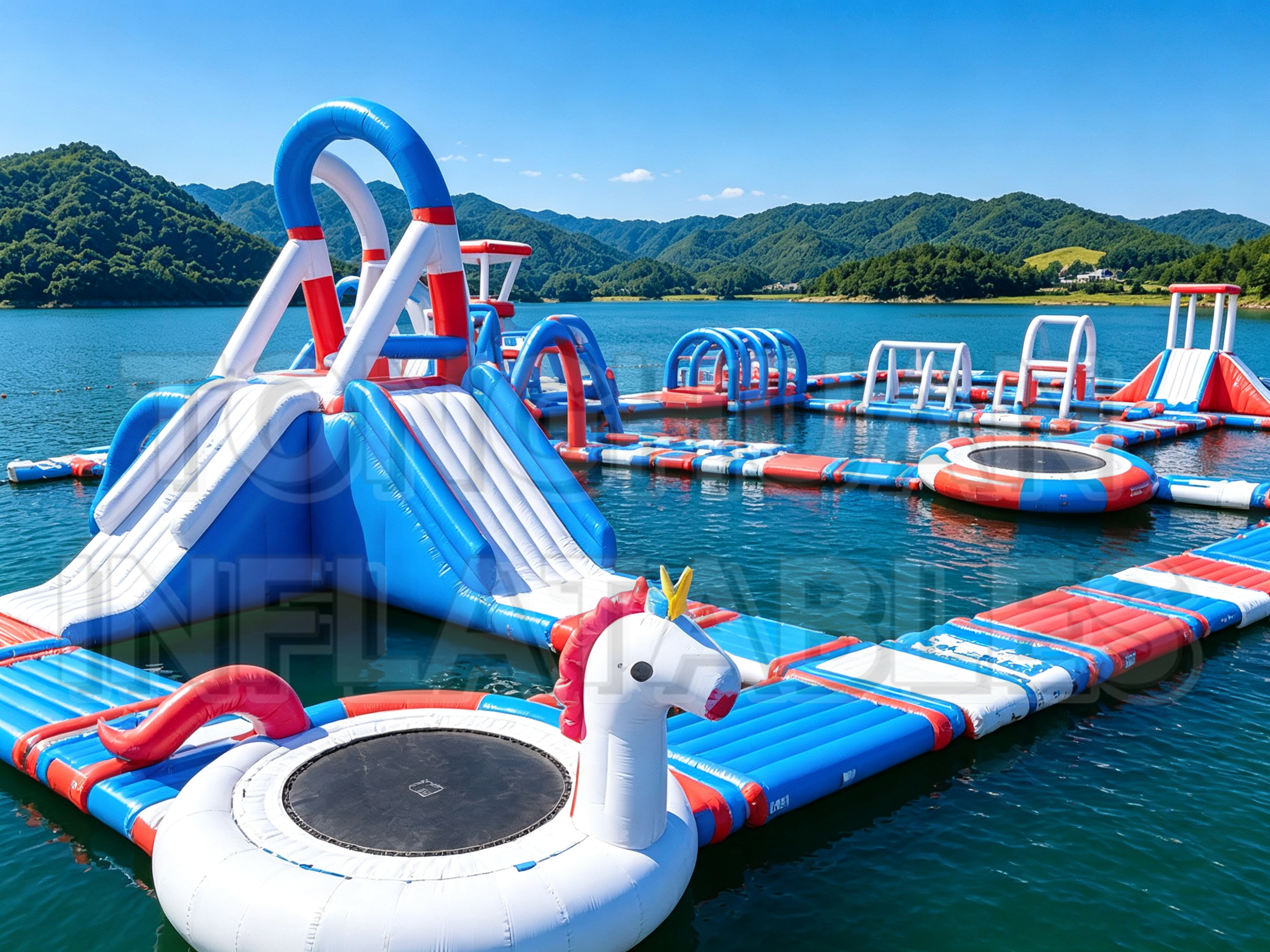 Custom Modular Inflatable Water Park with Floating Walkways Slides Trampolines and Balance Obstacles for Lakes Resorts Beaches and Commercial Recreation Projects