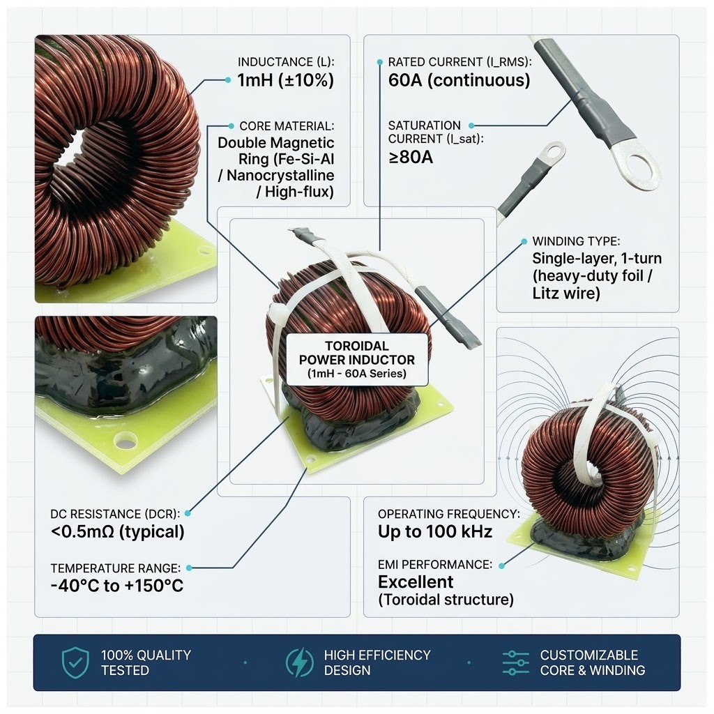 1mH 60A High Current Toroidal Inductor Coil with Double Magnetic Ring for Power Applications