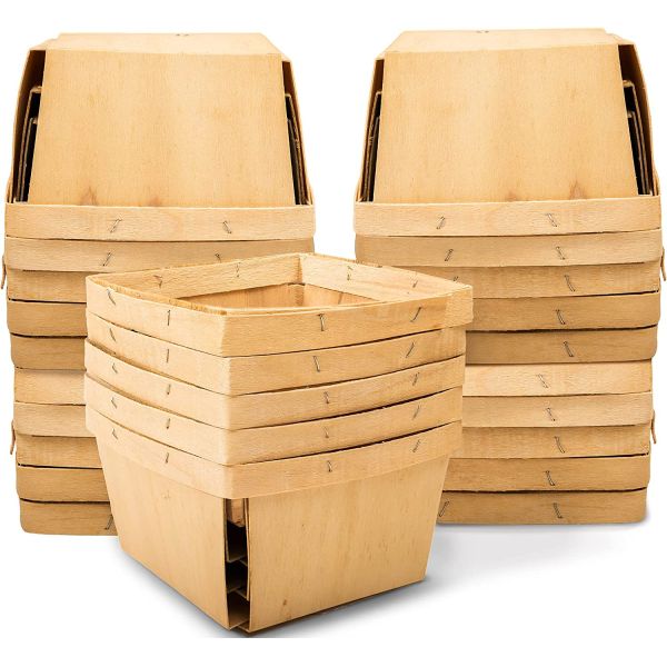 Silk-Screen Printed 5.75-Inch Square Vented Wooden Berry Baskets for Fruit Picking