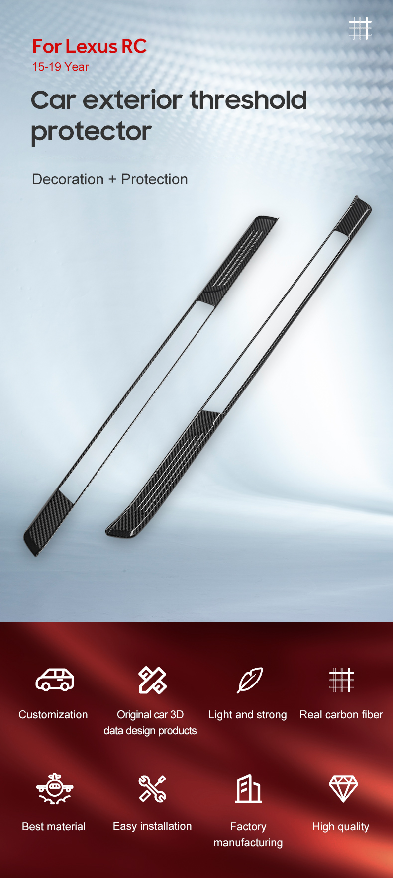 Dry Carbon Fiber Car Exterior Threshold Protector for Lexus RC 2015-2019 Year
