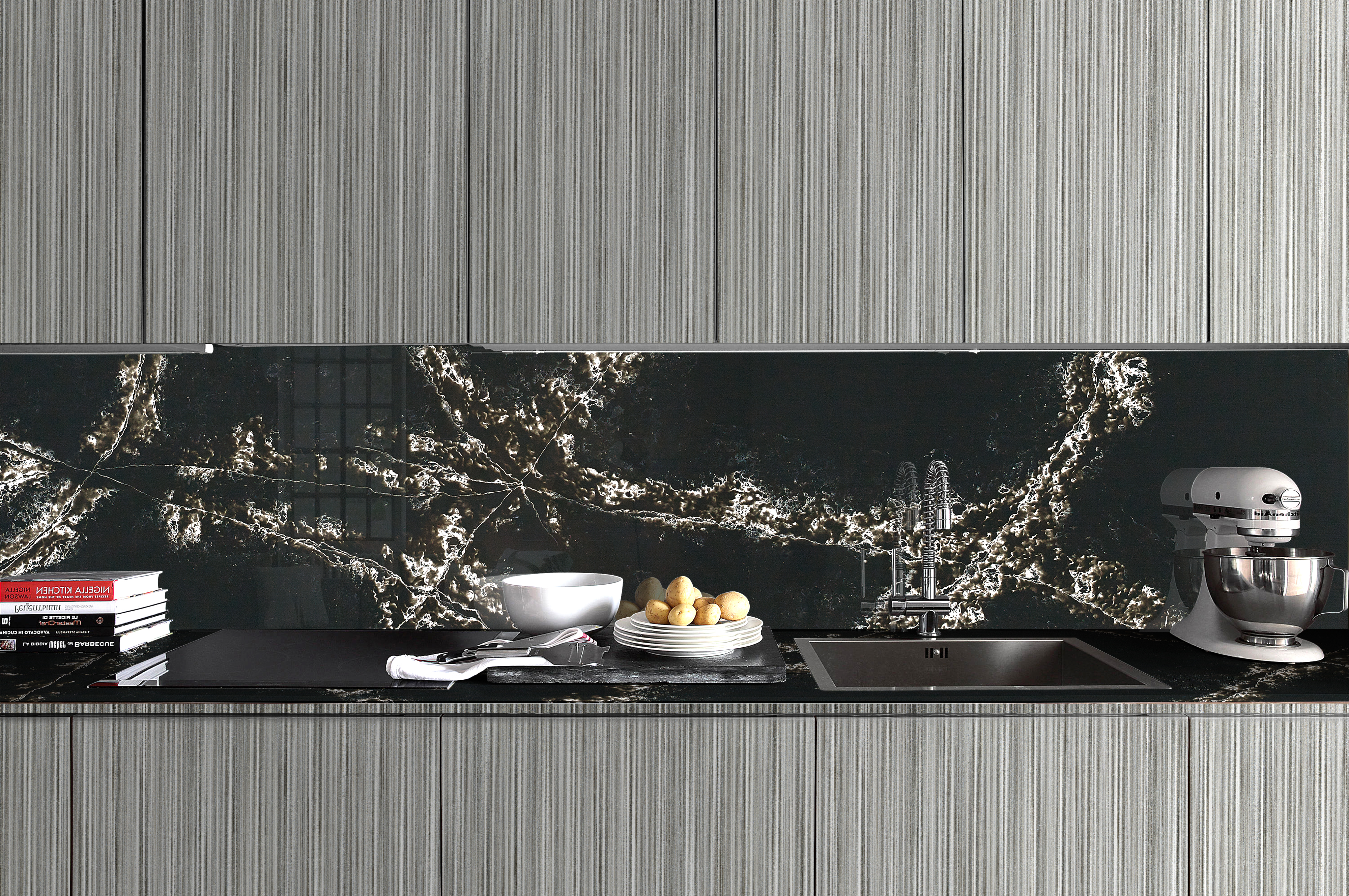 Черный Countertop кухни кварца Calacata искусственный с когерентный смотреть мрамора картины