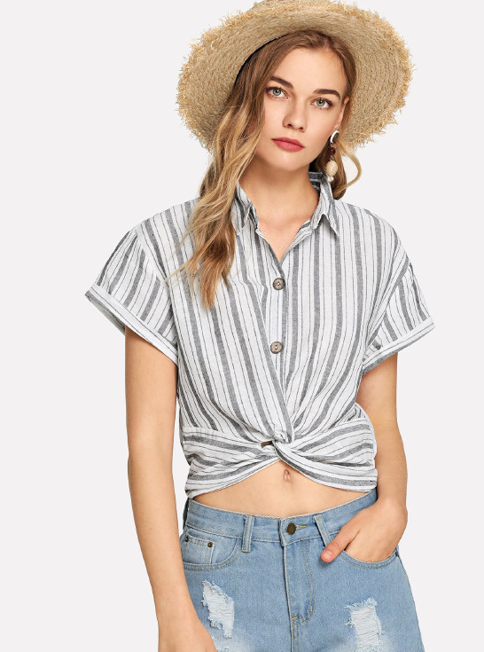 Блузка дизайна нашивки 2019 женщин моды с воротником рубашки