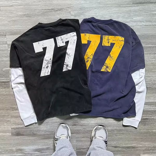 T-shirt de manga larga de doble capa personalizada Impresión de logotipo gráfico T-shirt lavado con ácido solar desvanecido algodón pesado camisetas de caja de gran tamaño para hombres