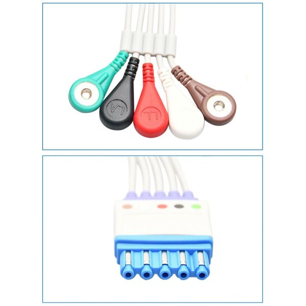 Adult Buckle ECG Connection Cable KB3-FS5A Five-Lead Wire Compatible CE Certified Class I 0.5m