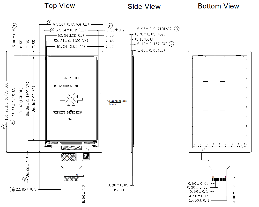 MIPI Interface 3.97 Inch IPS POS LCD Display 480x800 Resolution 250cd/M2 Luminance